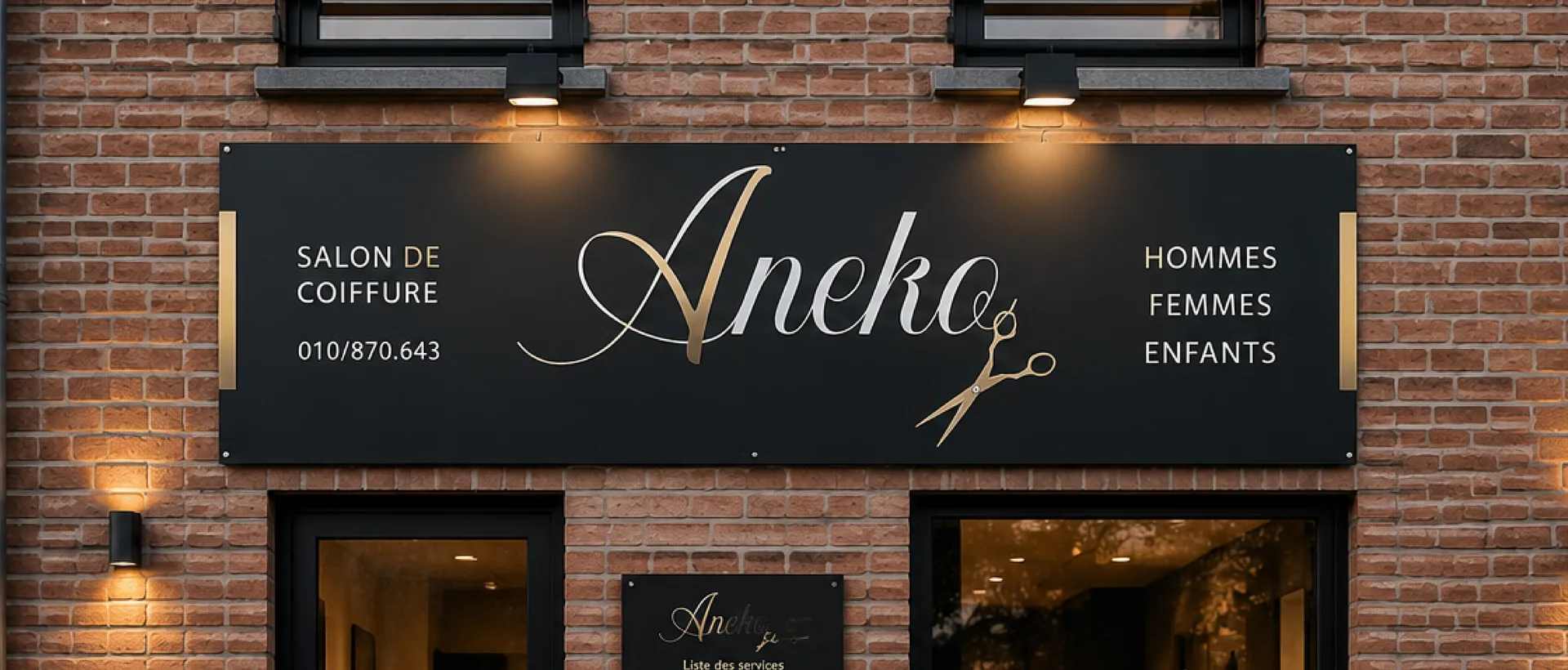 Enseigne noire et or Aneko sur la devanture en briques du salon