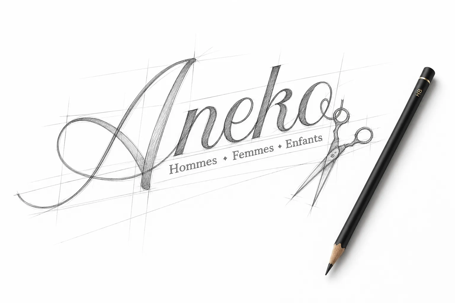 Croquis du logo Aneko au crayon, avec les ciseaux