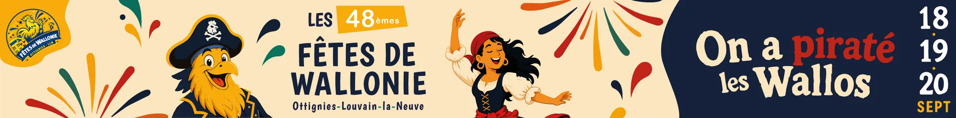 Bannière web TV-COM des Fêtes de Wallonie 2026, format 728×90, « On a piraté les Wallos »